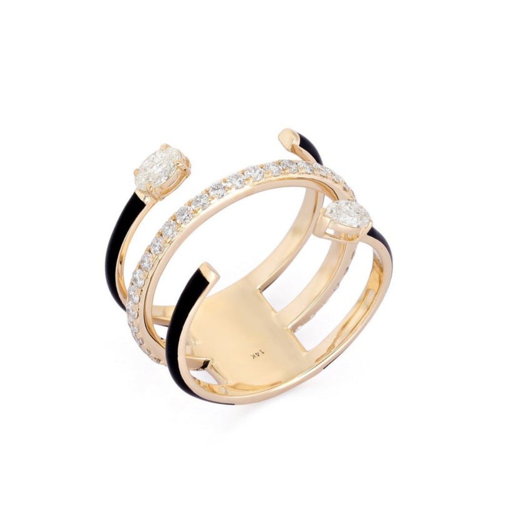 Double Band 14k Or 18k Upon Request Yellow Gold Black Enamel Oval Ring 4536$